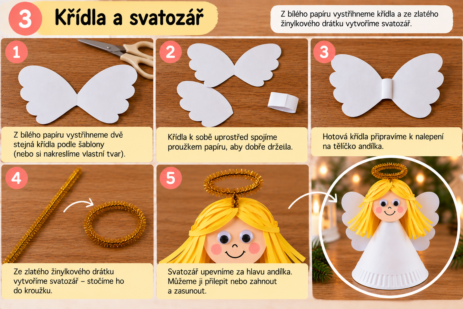 Krok 3 – křídla a svatozář papírového andílka